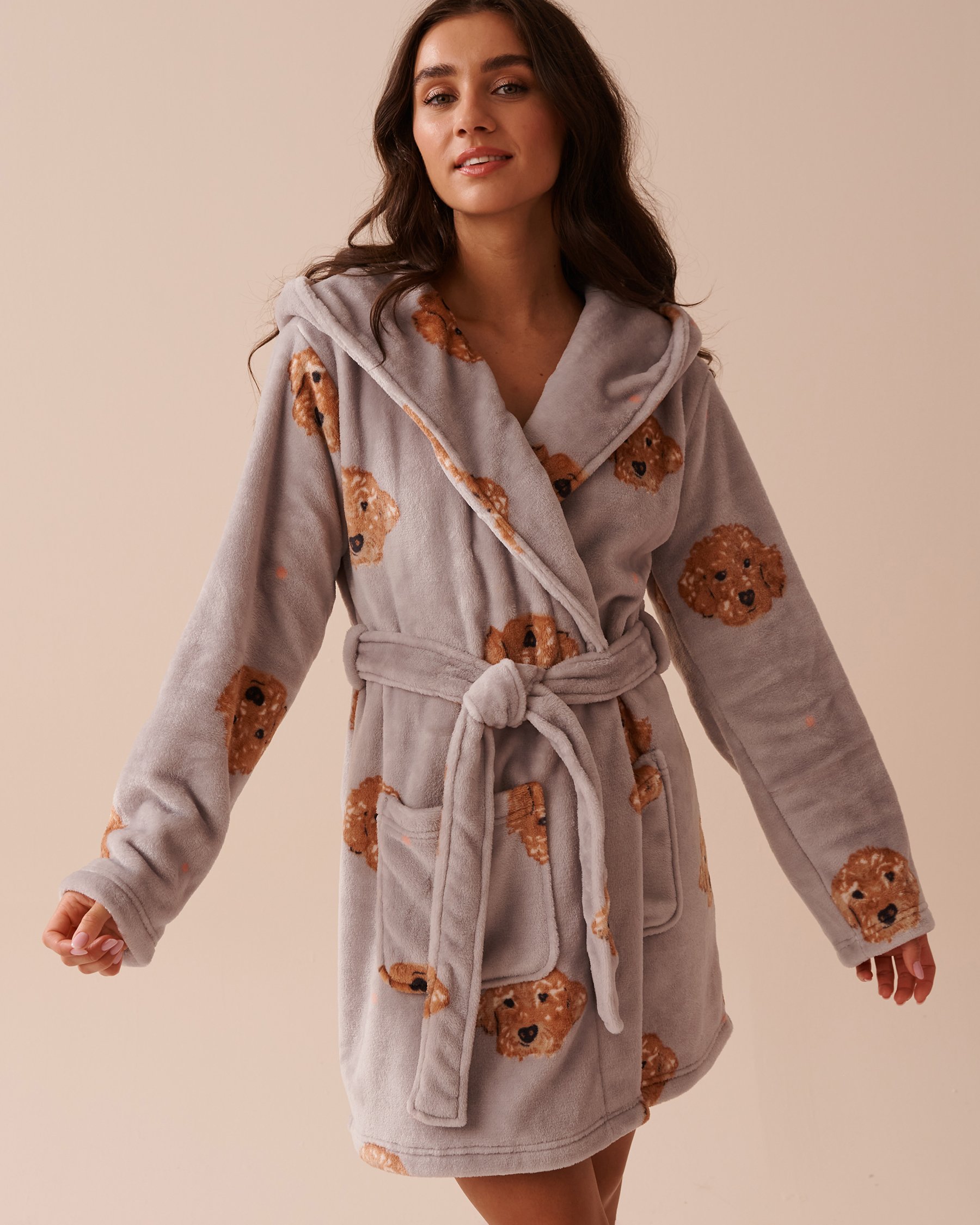 LA VIE EN ROSE Soft Plush Hooded Robe Grey Dog Print 40600175 - View1