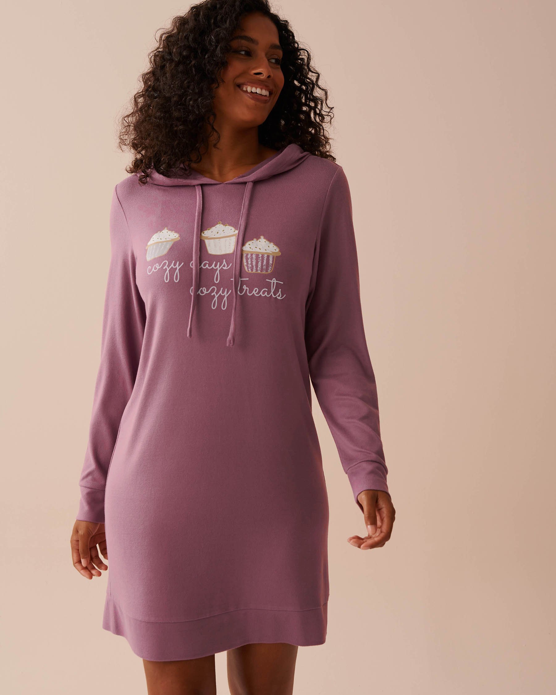 LA VIE EN ROSE Cupcake Print Recycled Fibers Long Sleeve Hooded Sleepshirt Dusty Orchid 40500378 - View1