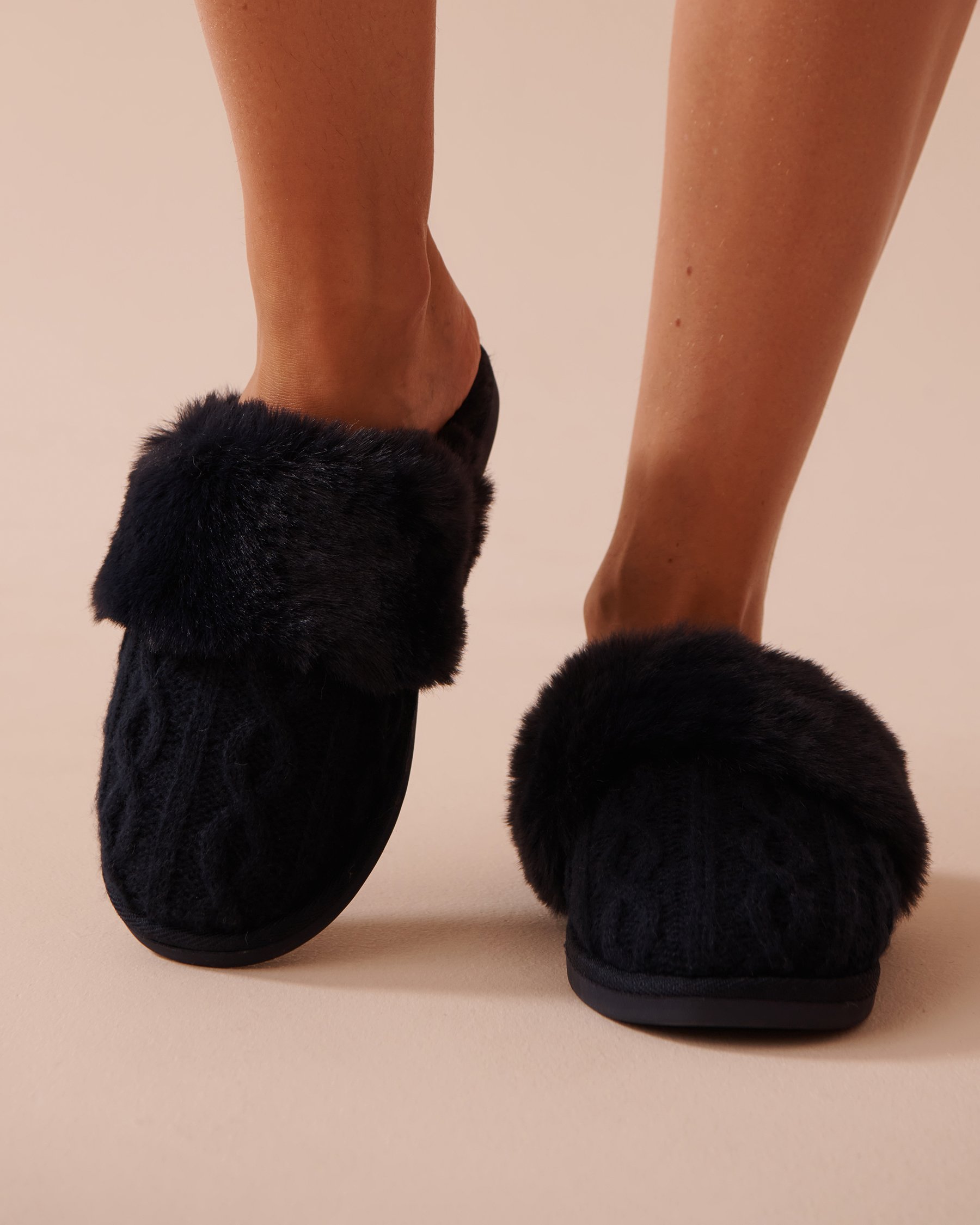 LA VIE EN ROSE Cable Knit and Faux Fur Slippers Evening Blue 40700364 - View1