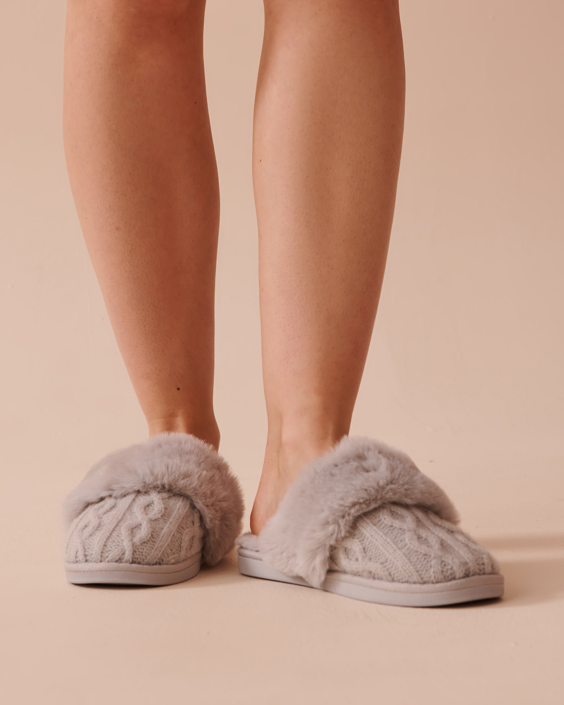 LA VIE EN ROSE Cable Knit and Faux Fur Slippers Grey 40700364 - View1