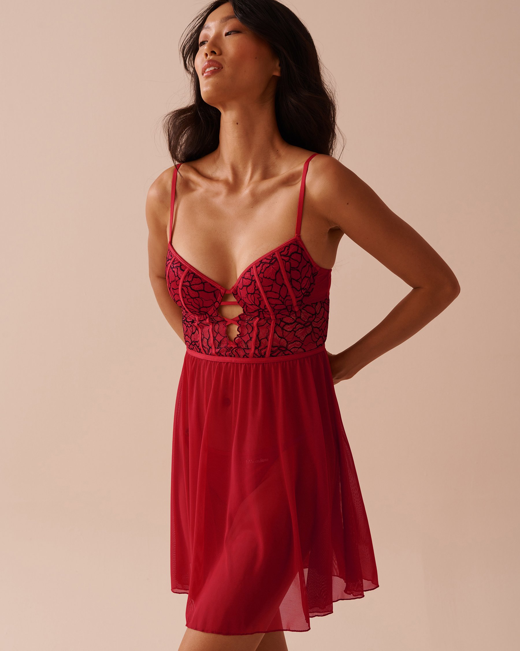 LA VIE EN ROSE 2-tone Lace and Mesh Plunge Nightie Candy Cane Red 60500163 - View1