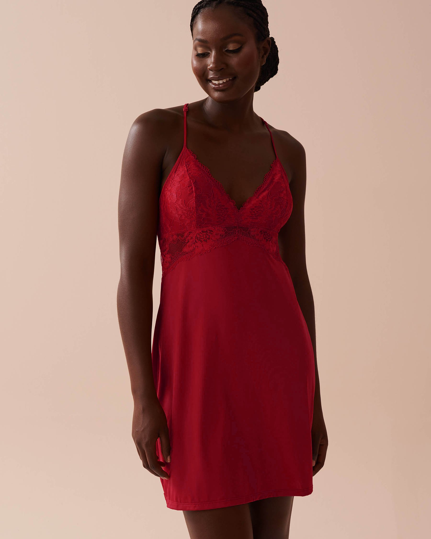 LA VIE EN ROSE Open-Back Microfiber and Lace Nightie Candy Cane Red 60500167 - View1