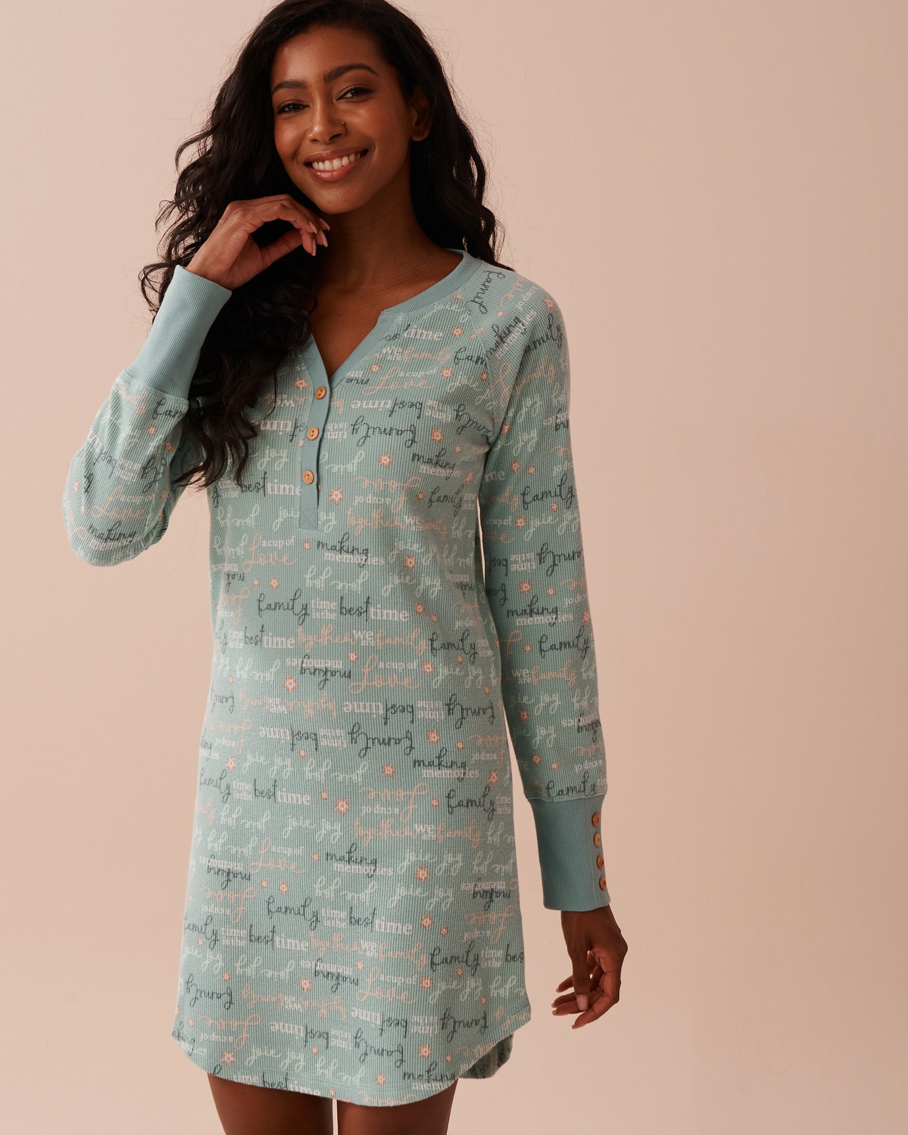 LA VIE EN ROSE Winter Print Waffle Knit Long Sleeve Sleepshirt Soothing Blue 40500388 - View1