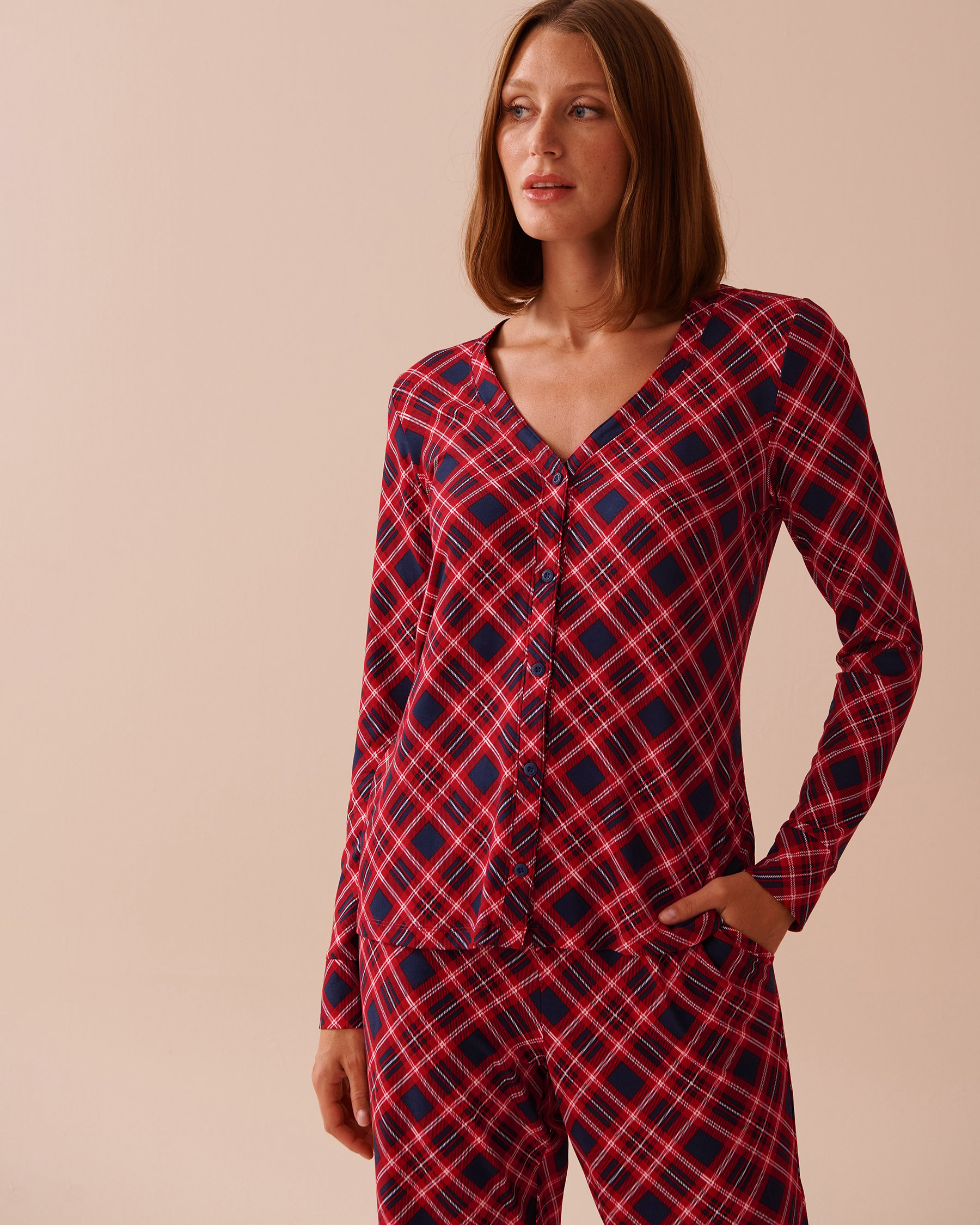 LA VIE EN ROSE Diagonal Plaid Super Soft V-neck Button-front Top Blue & Red Diagonal Plaid 40100648 - View1