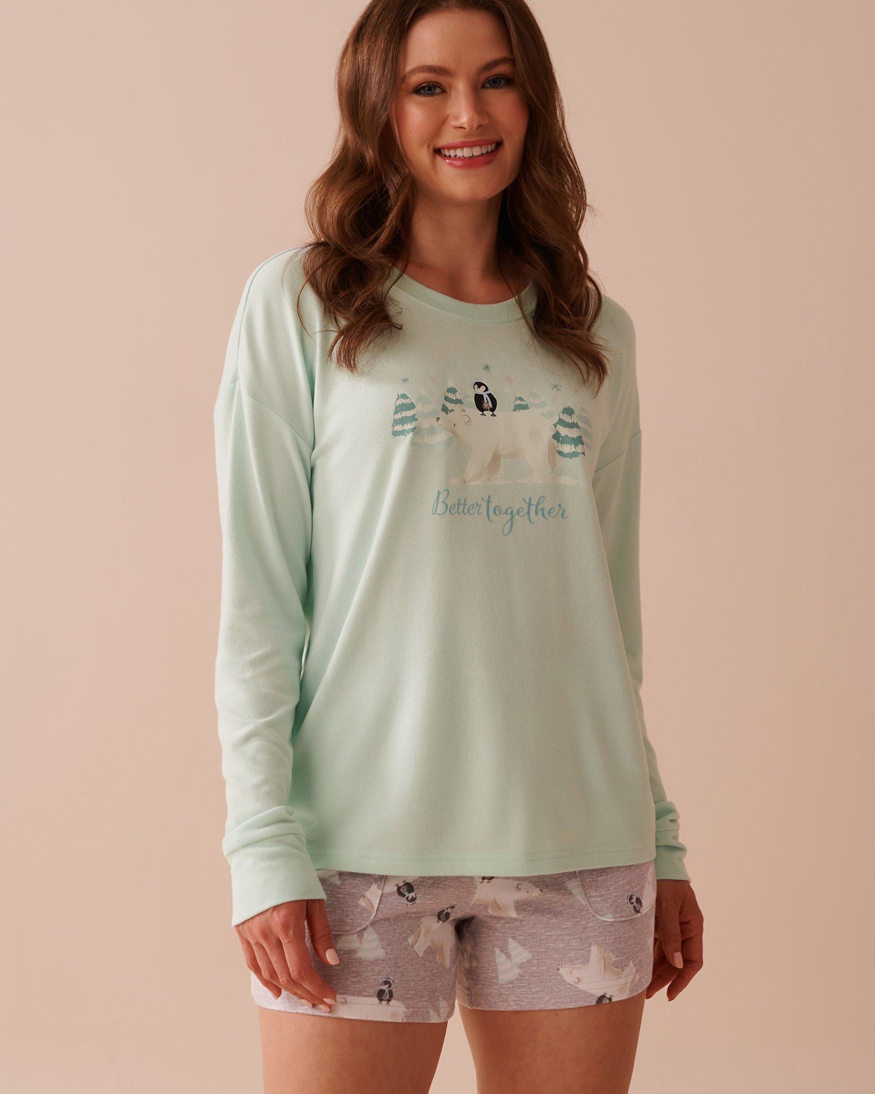 LA VIE EN ROSE Polar Bear Print Recycled Fibers Long Sleeve Shirt Mint Green 40100661 - View1