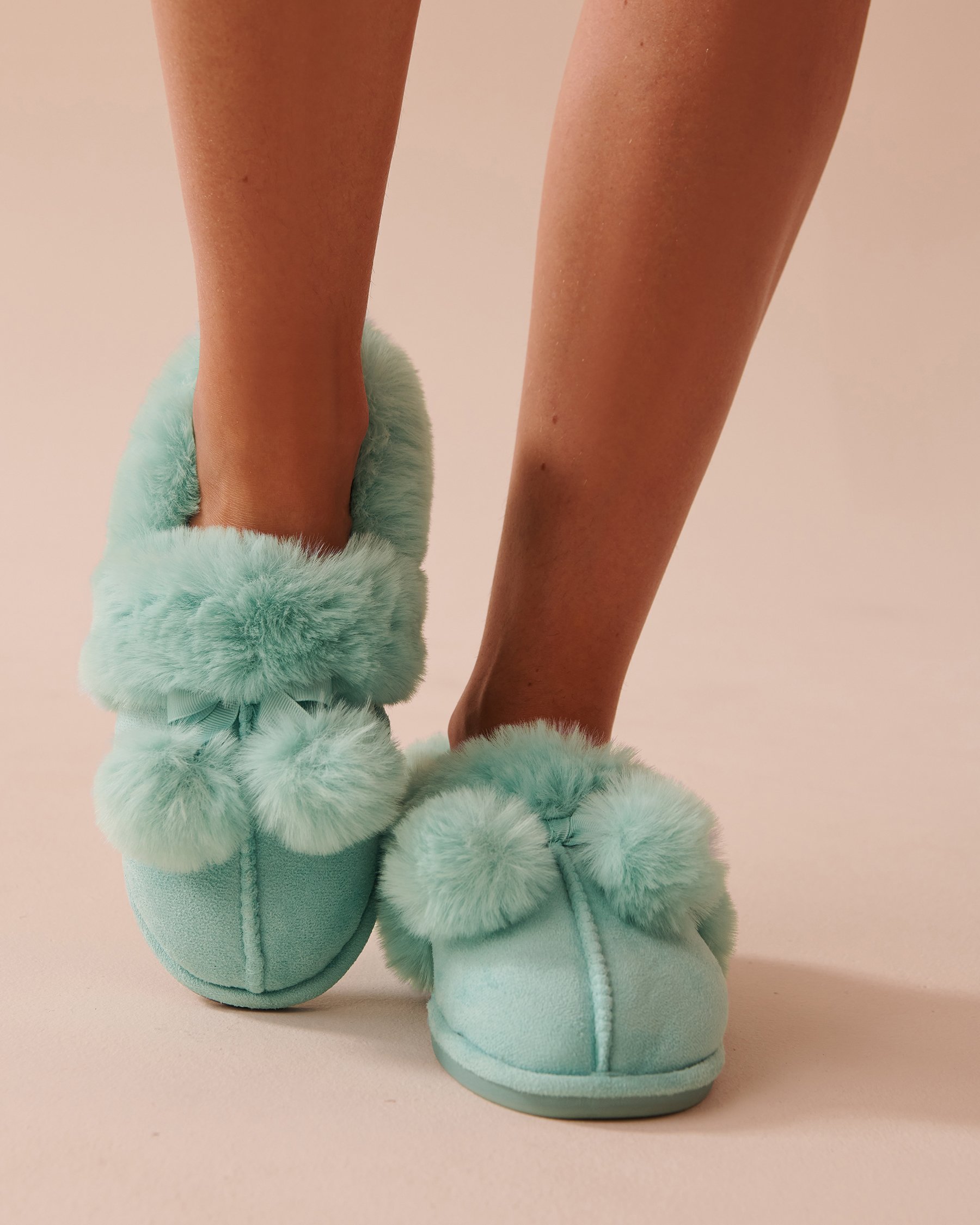 LA VIE EN ROSE Bow & Pompom Suede Bootie Slippers Soothing Blue 40700363 - View1