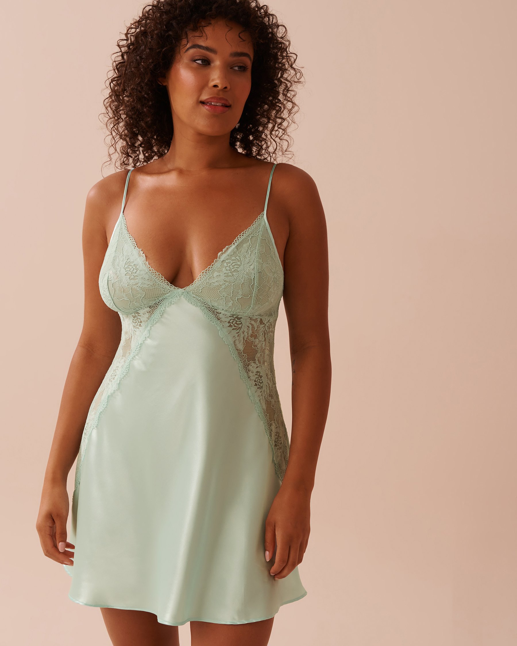 LA VIE EN ROSE Lace Detail Shiny Satin Nightie Mint Blue 60500162 - View1