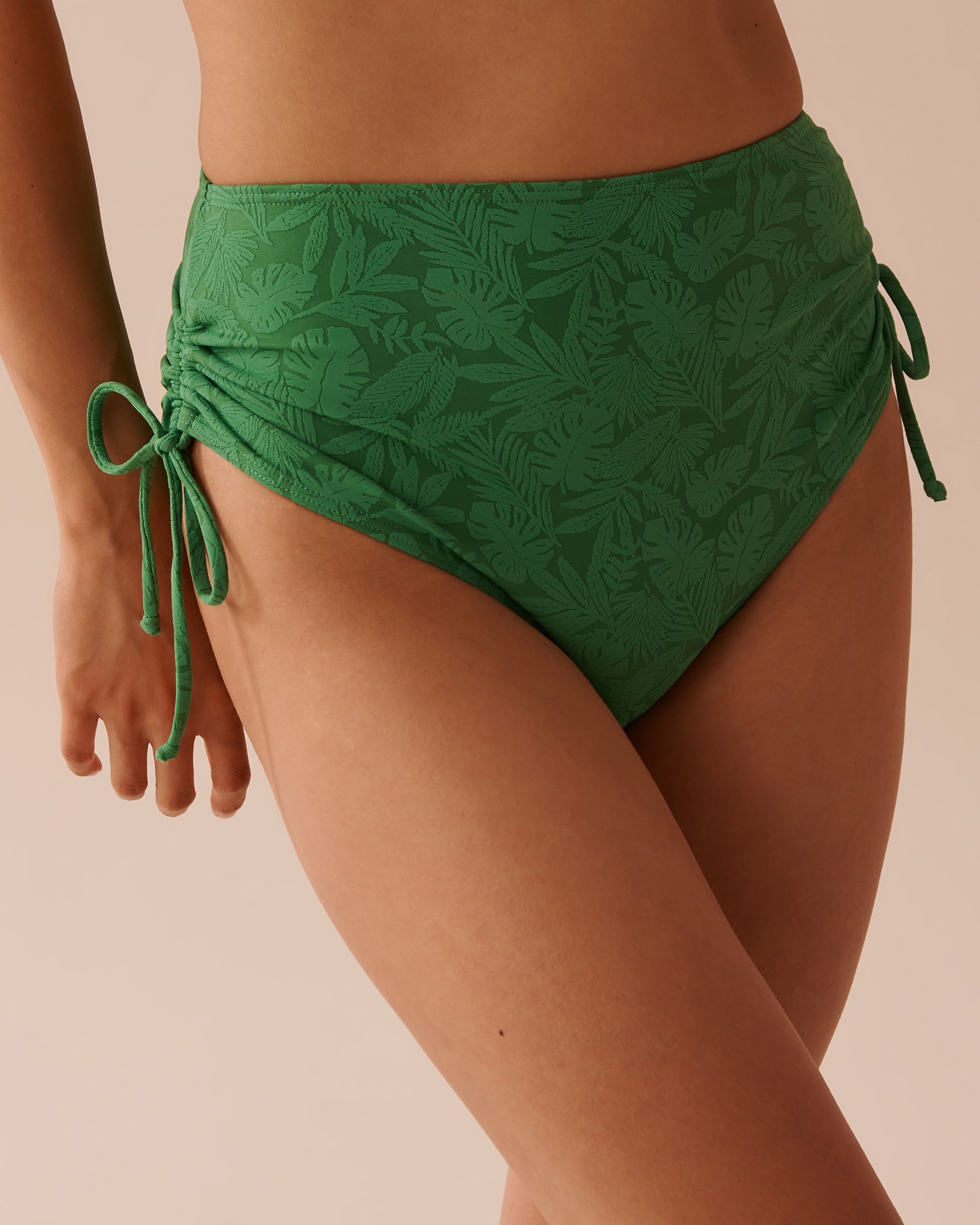 LA VIE EN ROSE AQUA GREEN TROPICAL LEAVES Textured Side Tie High Waist Bikini Bottom Green Tropical Leaves 70300617 - View1