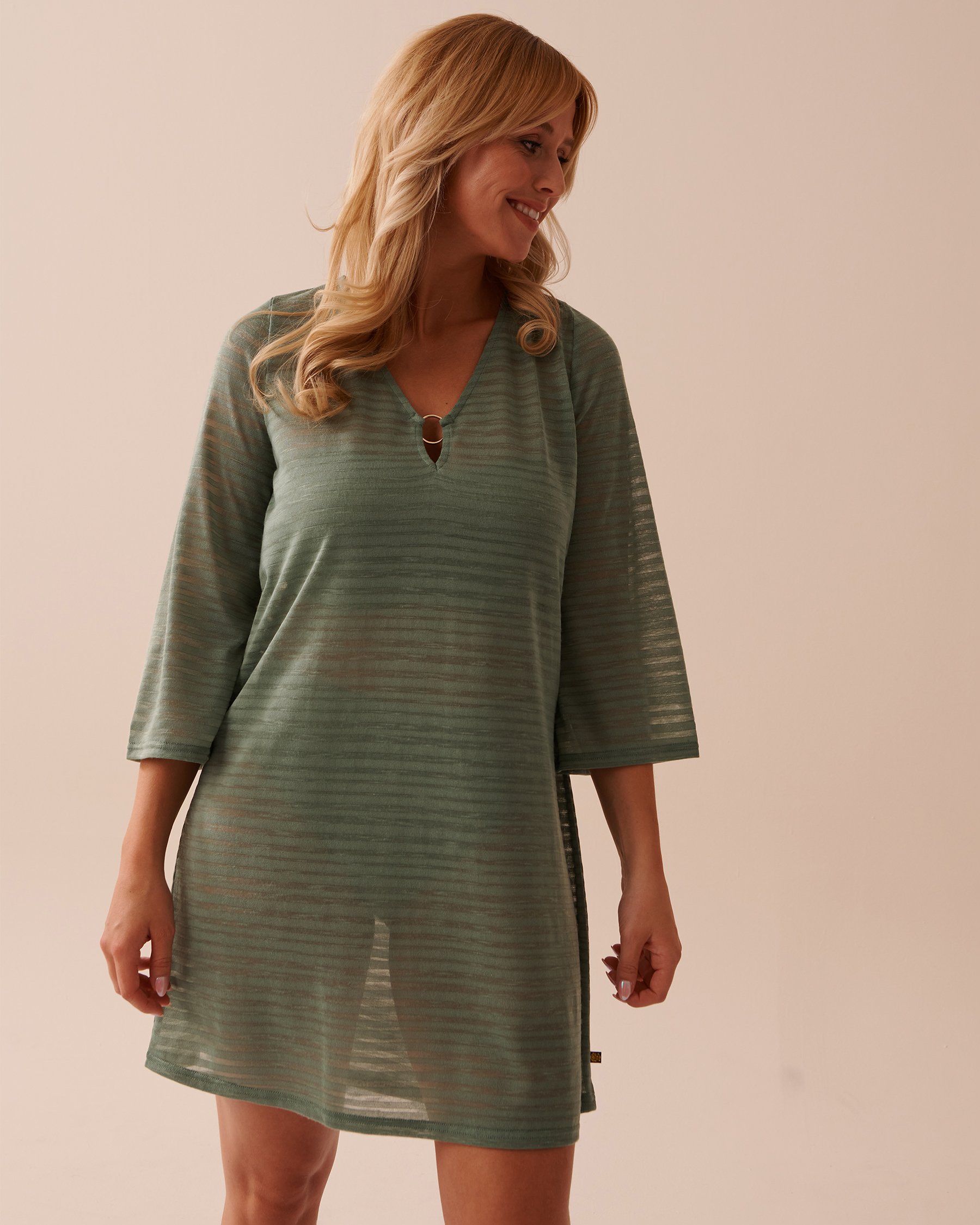 LA VIE EN ROSE AQUA 3/4 Sleeve Shadow Stripe Tunic Tropical Green 80300092 - View1