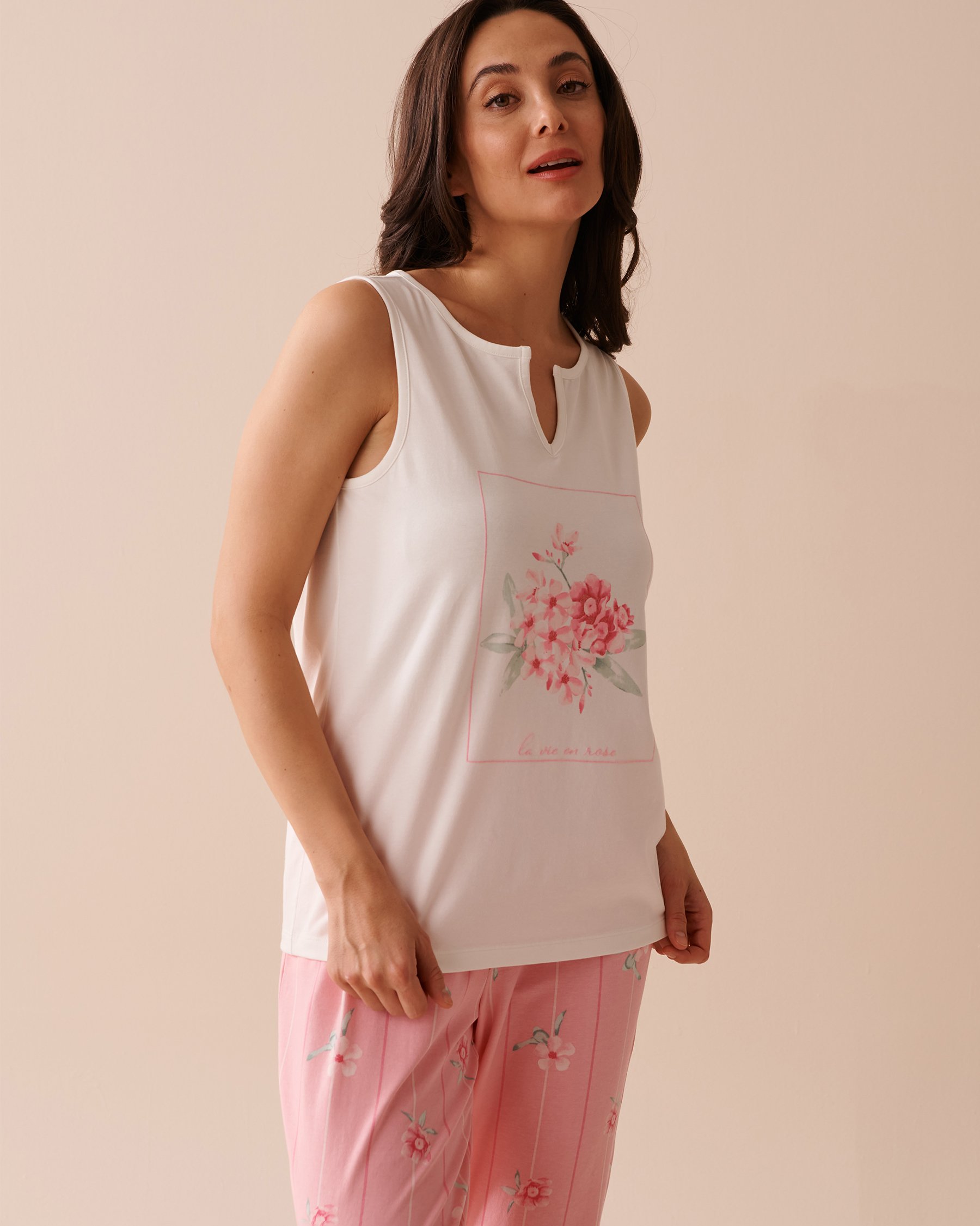 LA VIE EN ROSE Pink Floral Cotton Keyhole Cami White 40100580 - View1