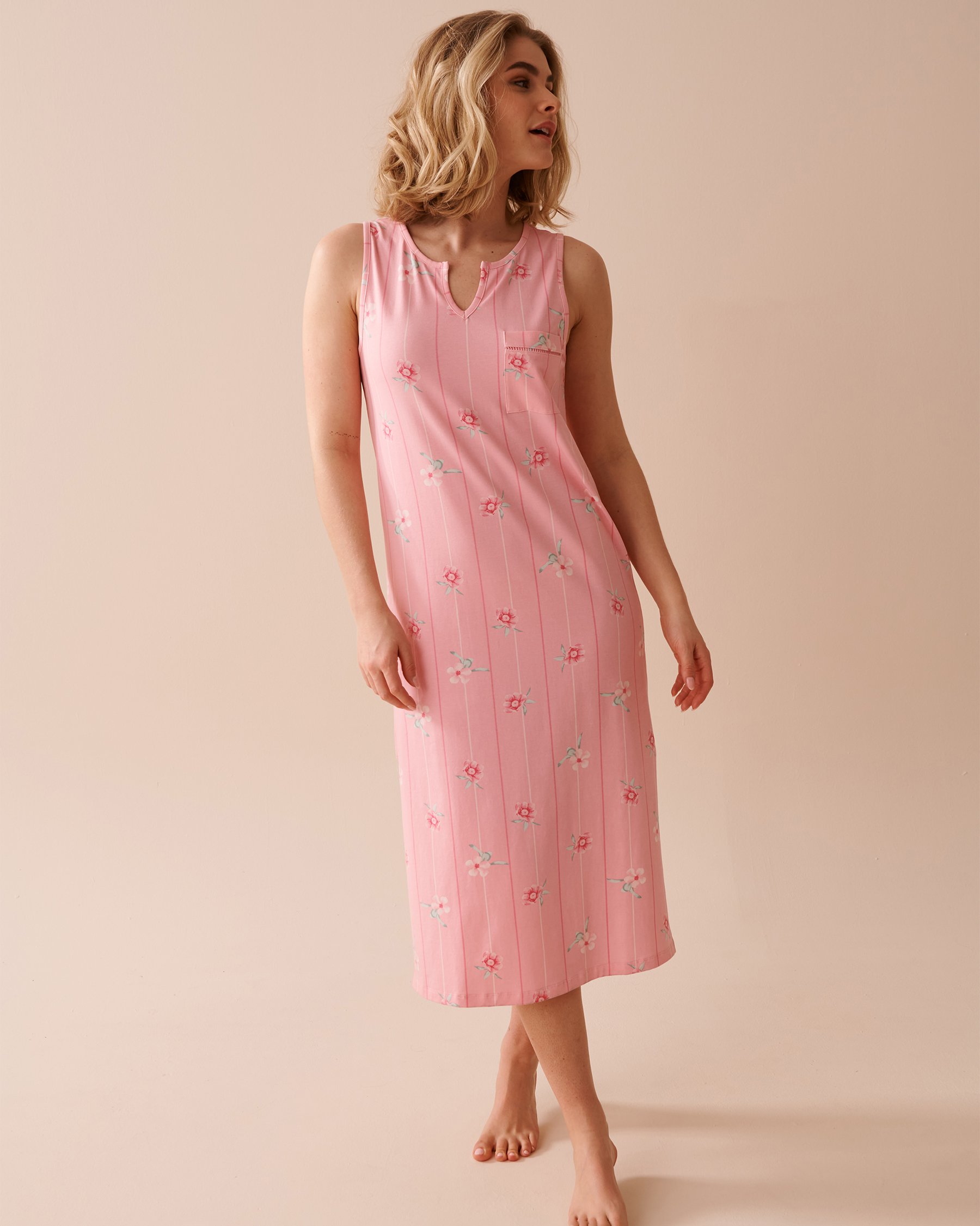 Pink Floral Cotton Long Nightie - Pink Flowers and Stripes | la Vie en Rose