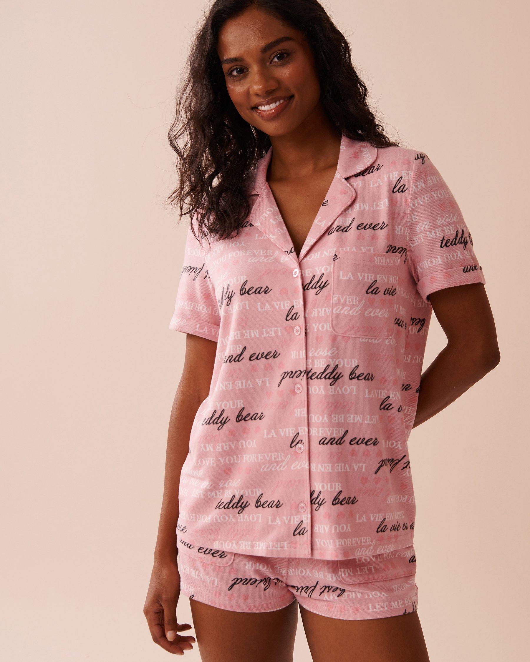 LA VIE EN ROSE Heart and Letter Print Recycled Fibers Button-down Shirt Blushing Pink 40100672 - View1