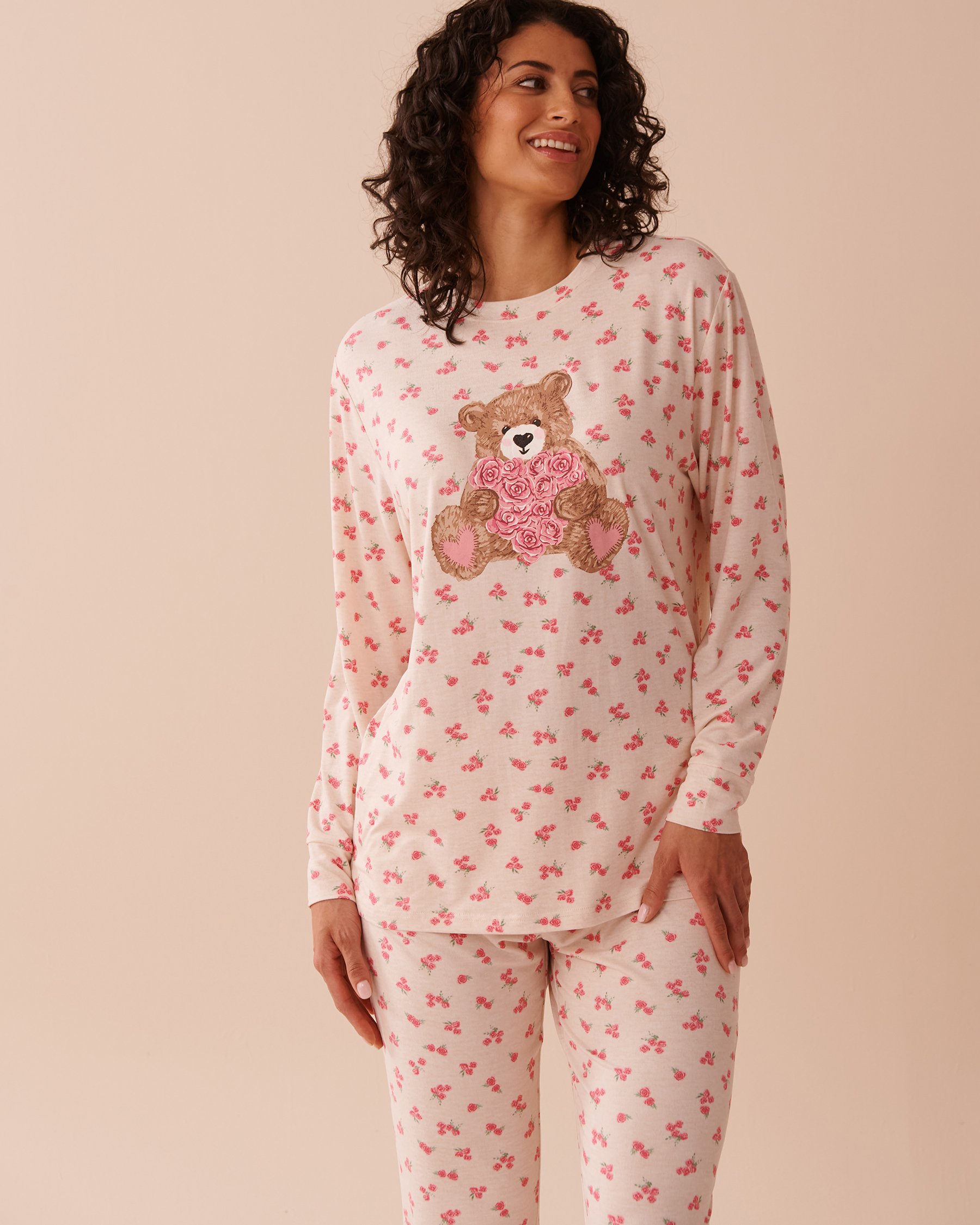 LA VIE EN ROSE Teddy Bear and Rose Print Super Soft Long Sleeve Shirt Oatmeal/Roses 40100686 - View1