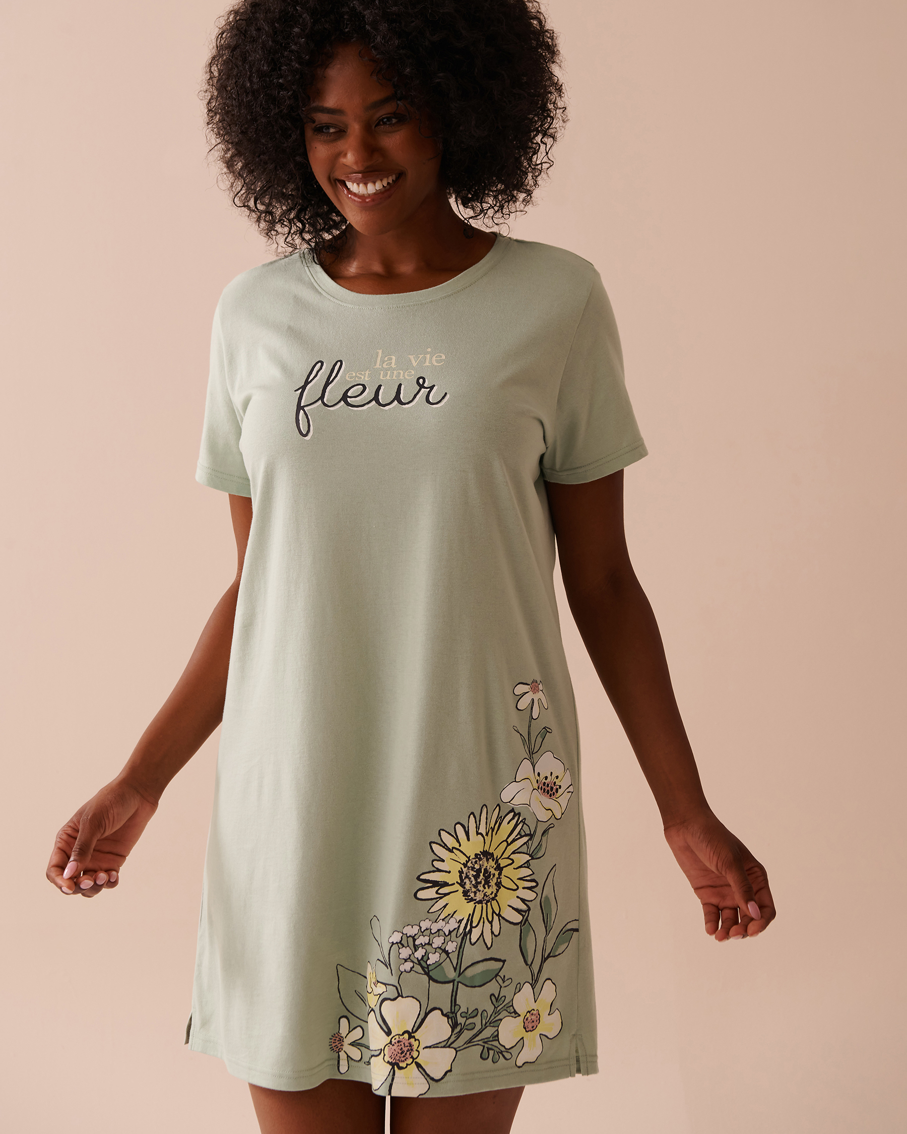 LA VIE EN ROSE Sunflower Print Cotton Short Sleeve Sleepshirt Frosty Green 40500412 - View1