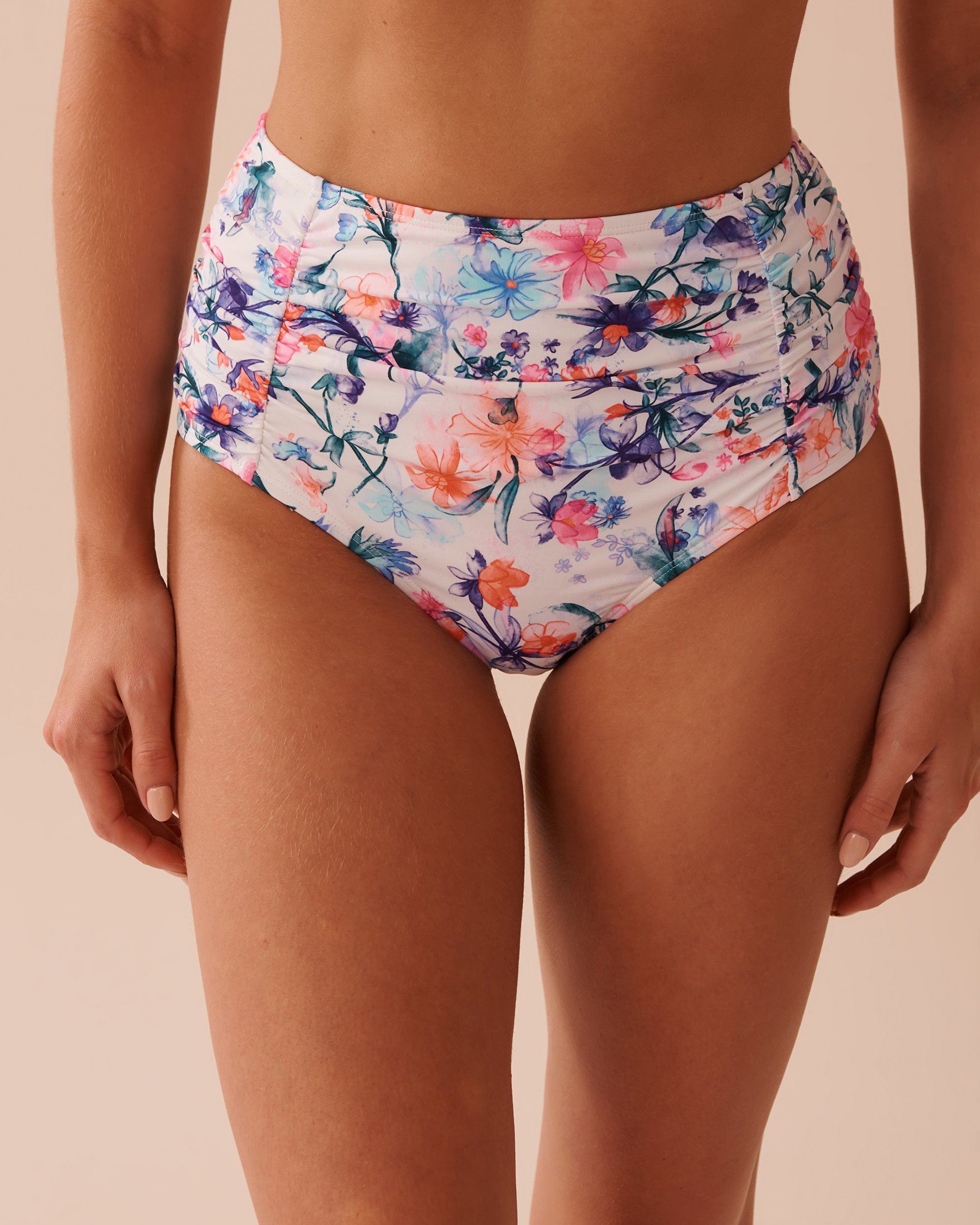 LA VIE EN ROSE AQUA WATERCOLOR Shirred High Waist Bikini Bottom Watercolor Flowers 70300643 - View1