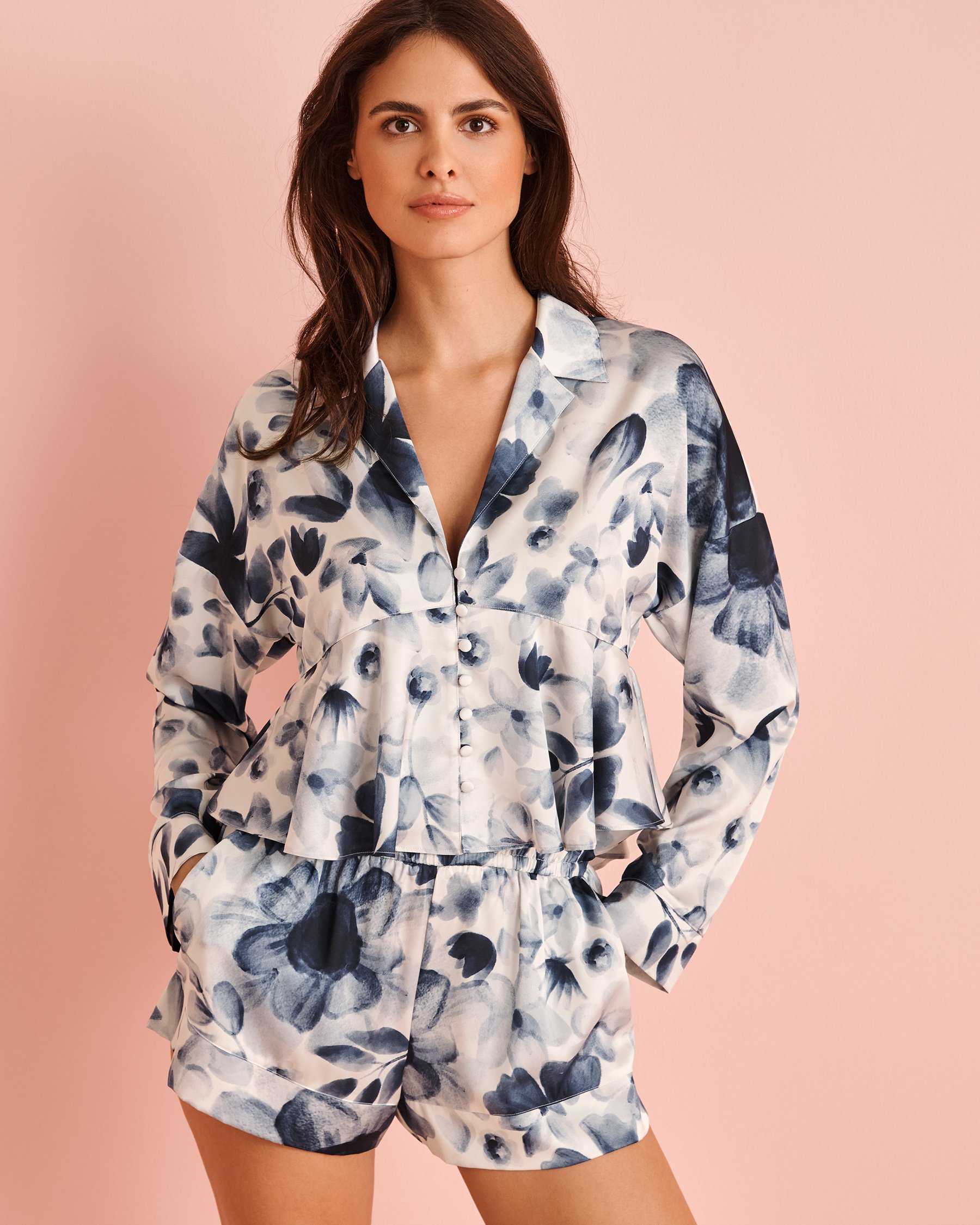 LA VIE EN ROSE Blue Floral Print Satin Flared Button-down Shirt Night Garden 60100126 - View1