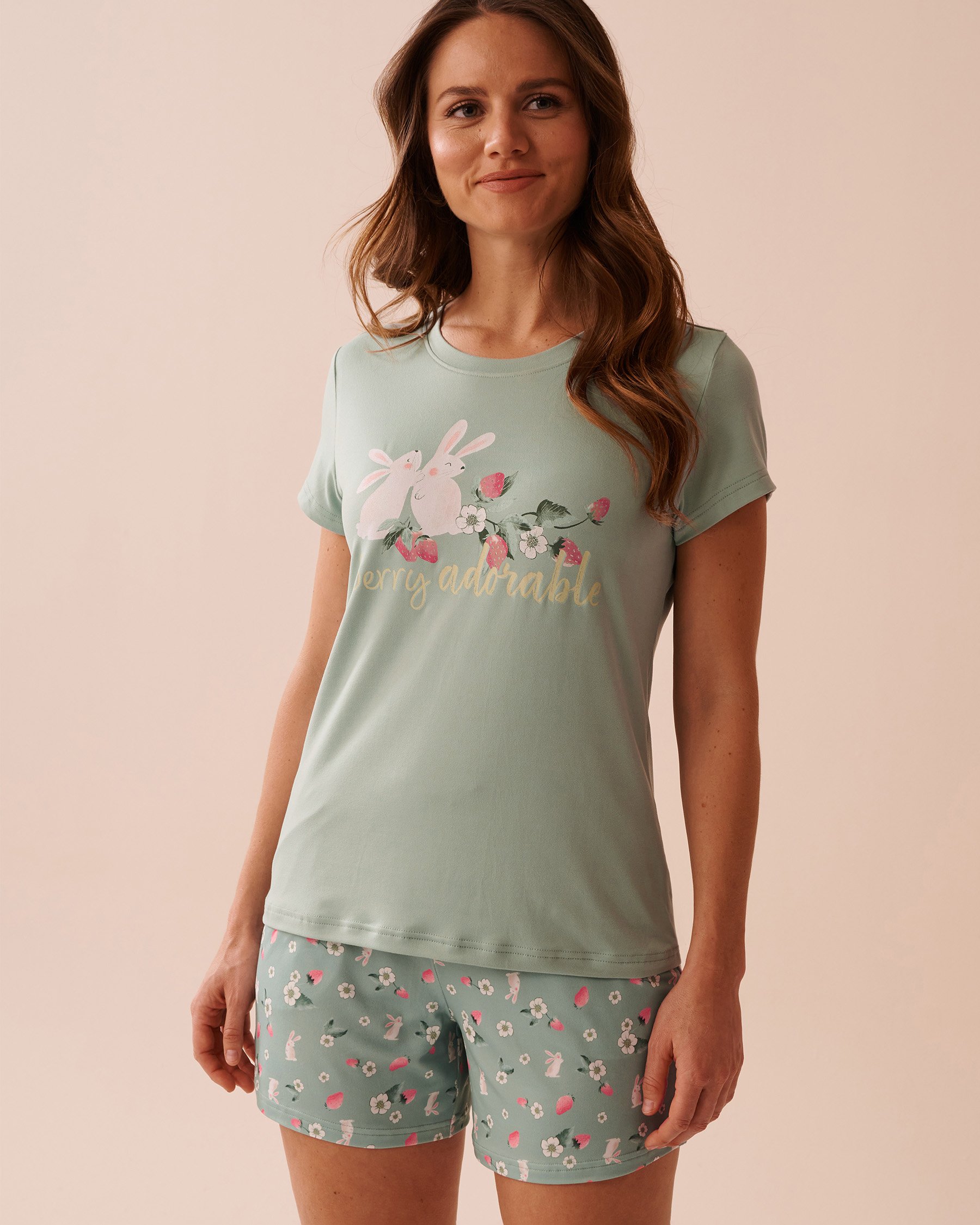 LA VIE EN ROSE Rabbit & Strawberry Print Super Soft T-shirt Sage Green 40100701 - View1