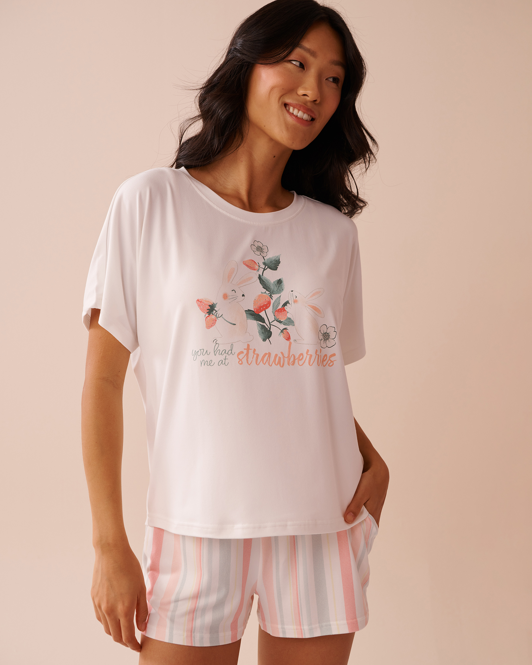 LA VIE EN ROSE Rabbit & Strawberry Print Super Soft Loose Fit T-shirt White 40100702 - View1