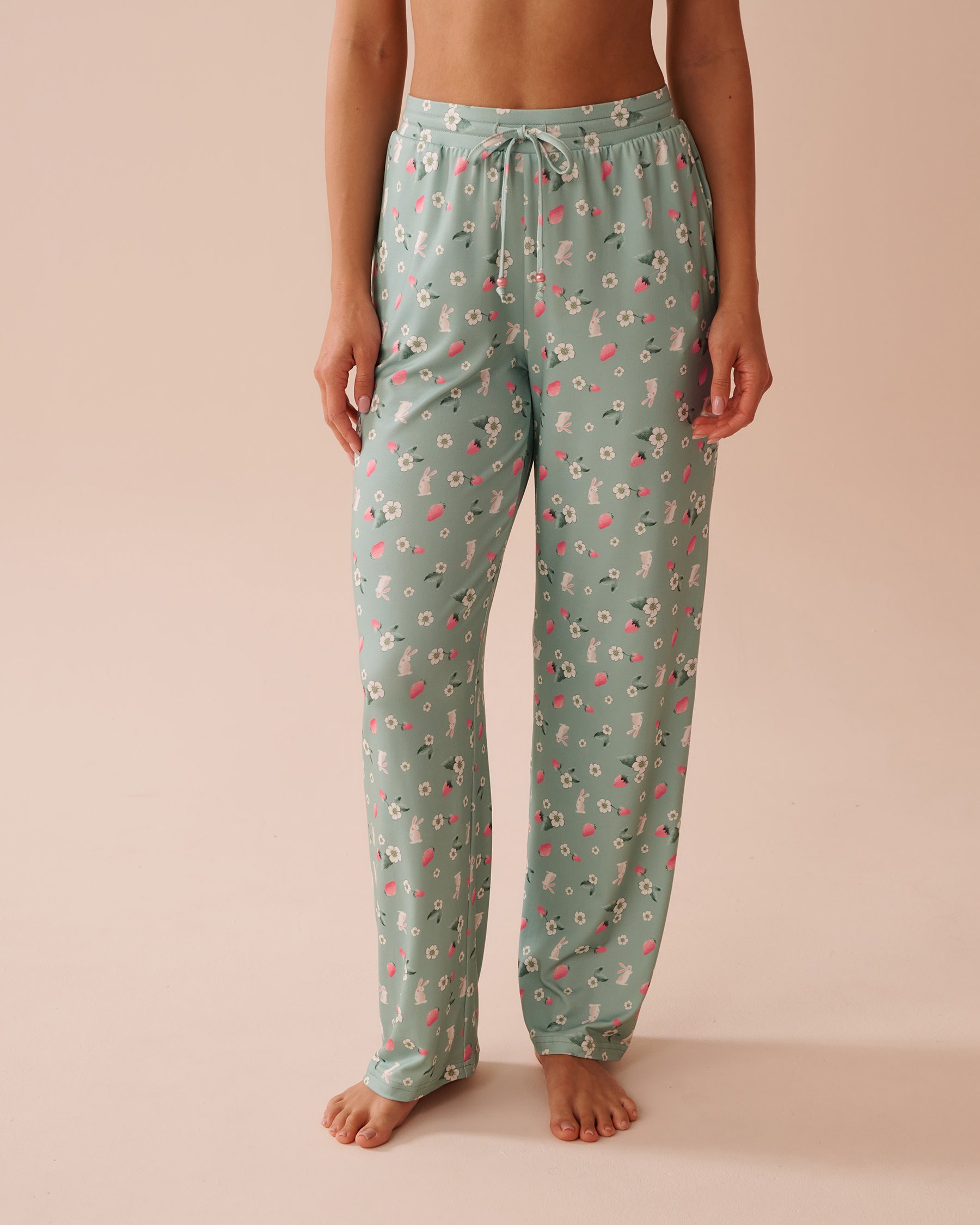 LA VIE EN ROSE Rabbit & Strawberry Print Super Soft Pajama Pants Green/Rabbits & Strawberries 40200691 - View1