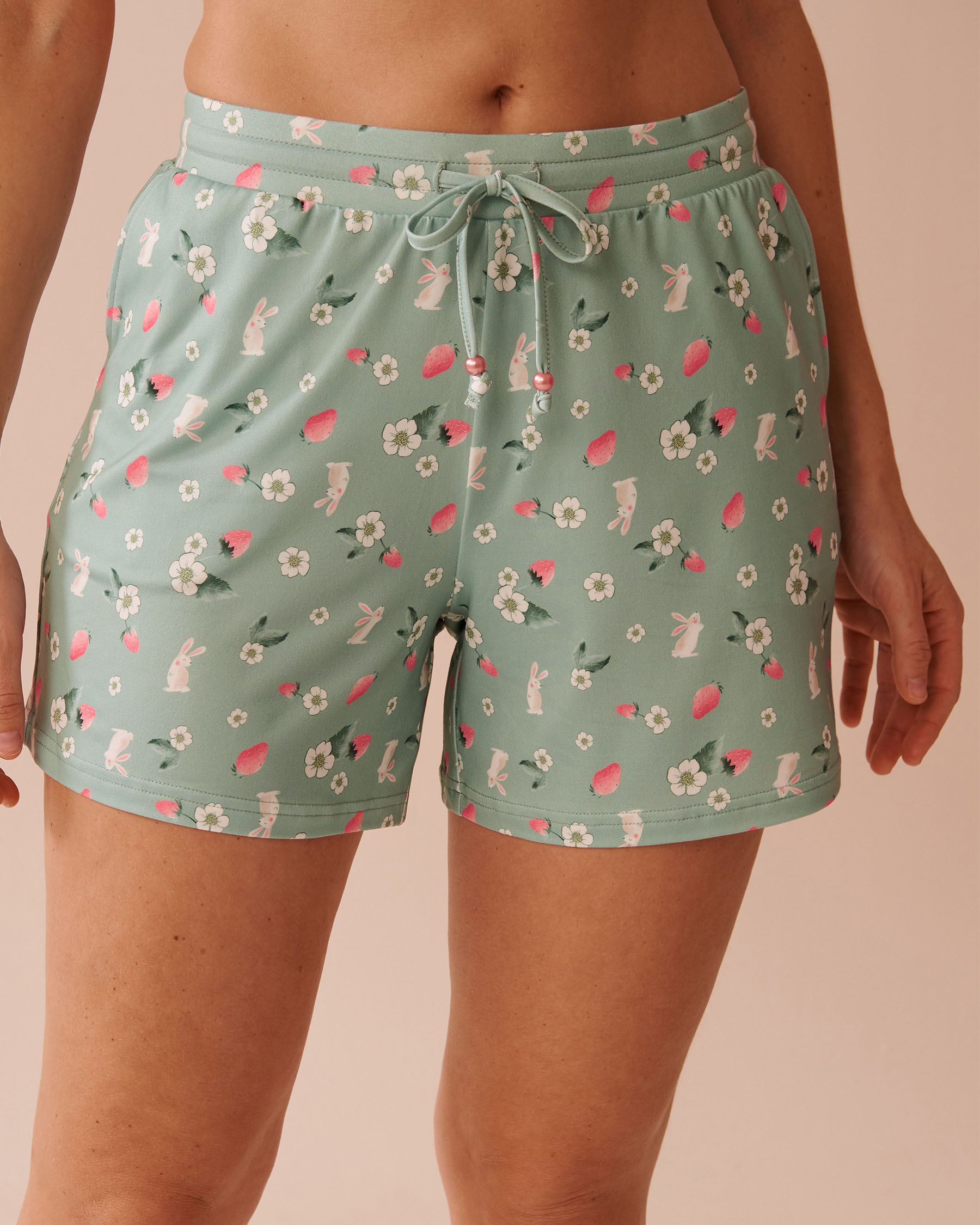 LA VIE EN ROSE Rabbit & Strawberry Print Super Soft Bermuda Pajama Shorts Green/Rabbits & Strawberries 40200705 - View1