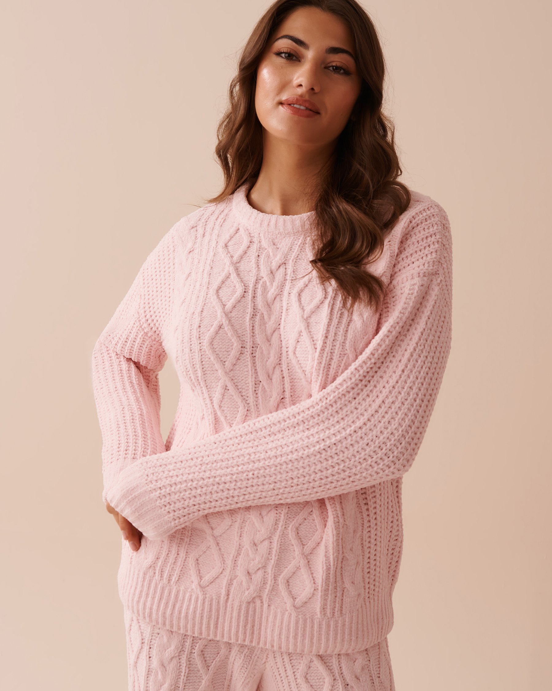 LA VIE EN ROSE Cable-Knit Chenille Long Sleeve Shirt Light Pink 50100094 - View1