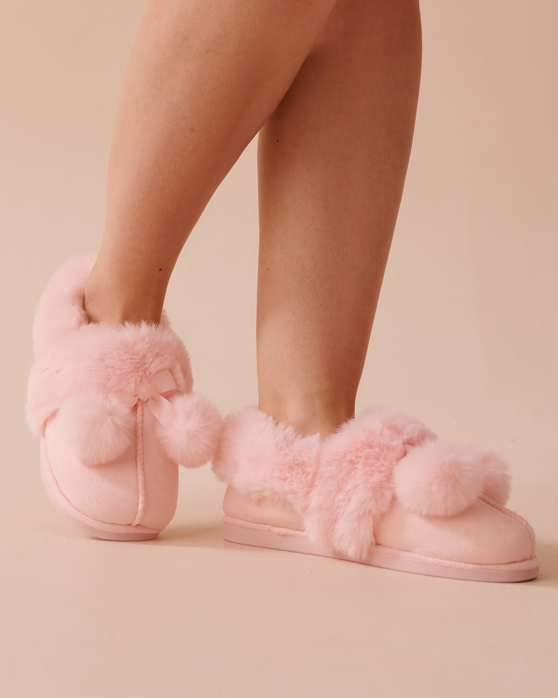 LA VIE EN ROSE Bow & Pompom Suede Bootie Slippers Fairy Pink 40700363 - View1