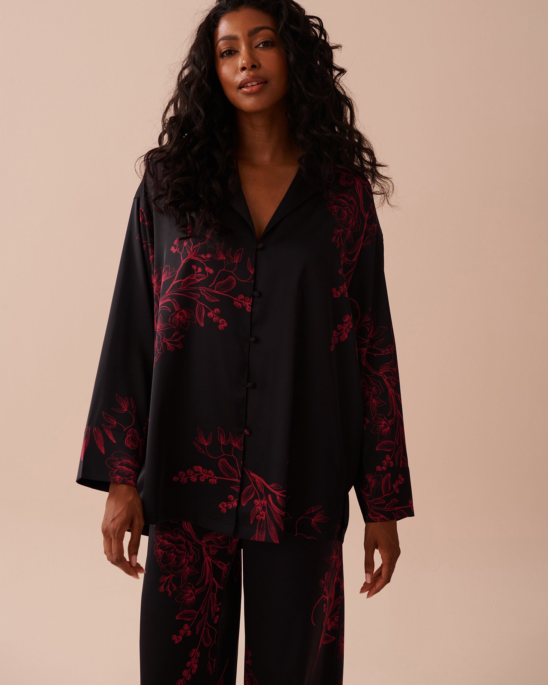 LA VIE EN ROSE Dark Floral Print Satin Button-down Shirt Black Mystic Garden 60100117 - View1