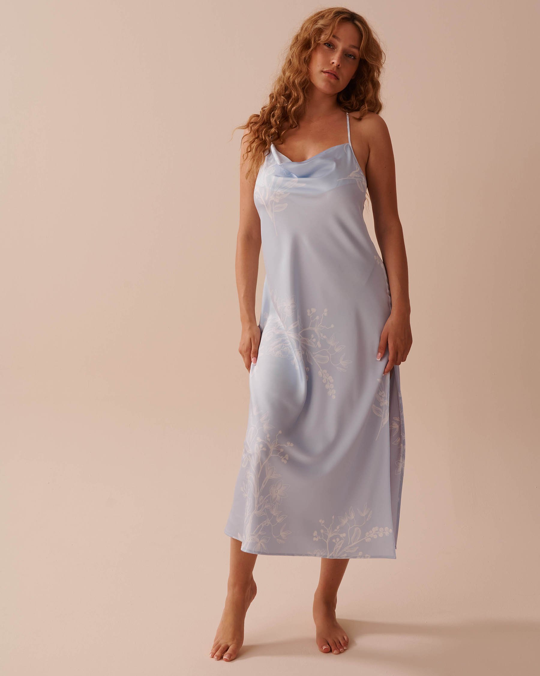 LA VIE EN ROSE Pastel Floral Print Long Satin Nightie Icy Blue Garden 60500168 - View1