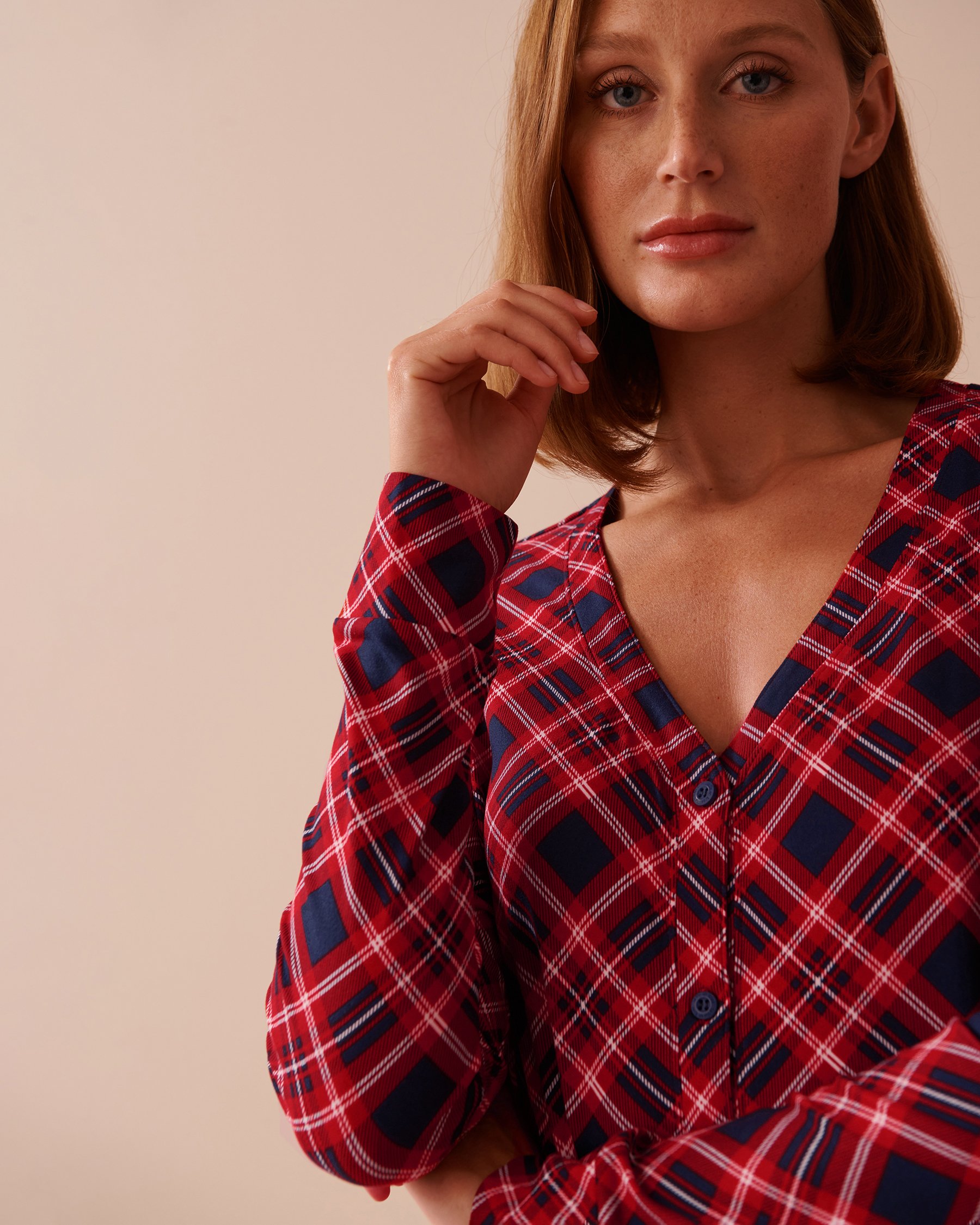 Diagonal Plaid Super Soft V-neck Button-front Top