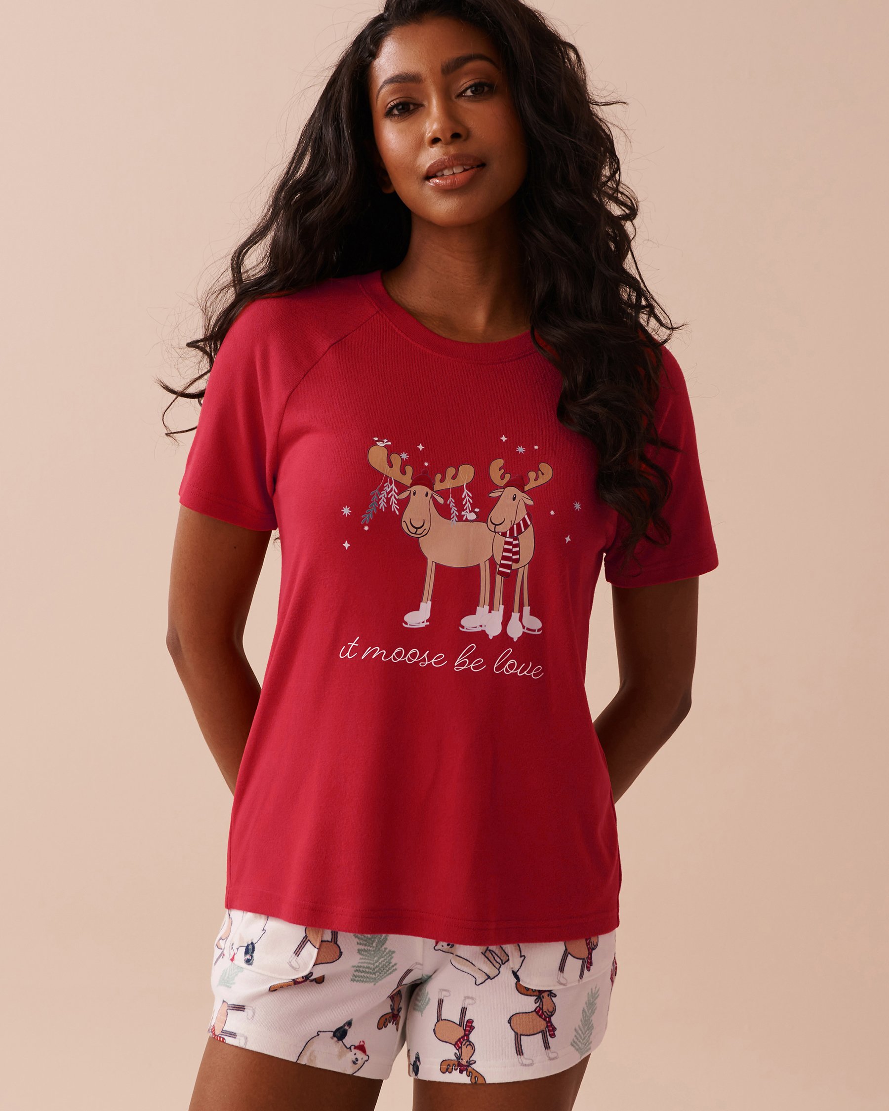 LA VIE EN ROSE Moose Print Recycled Fibers T-shirt Candy Cane Red 40100666 - View1