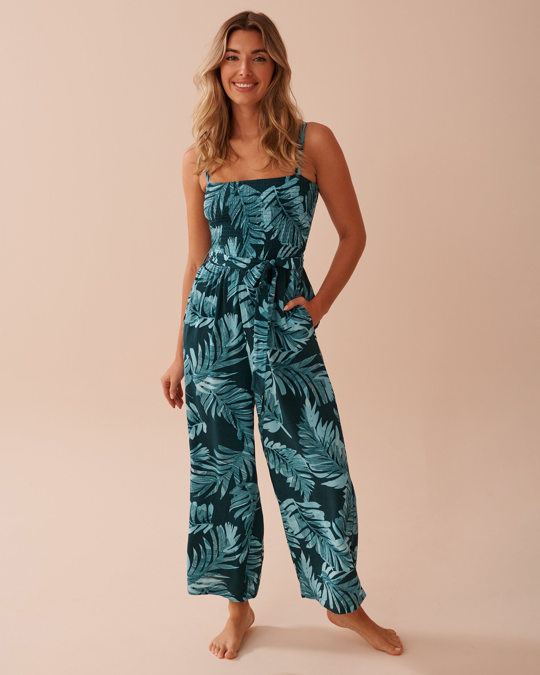 la Vie en Rose Tropical Leaf Print Wide leg Jumpsuit Ocean Oasis XXL For Women