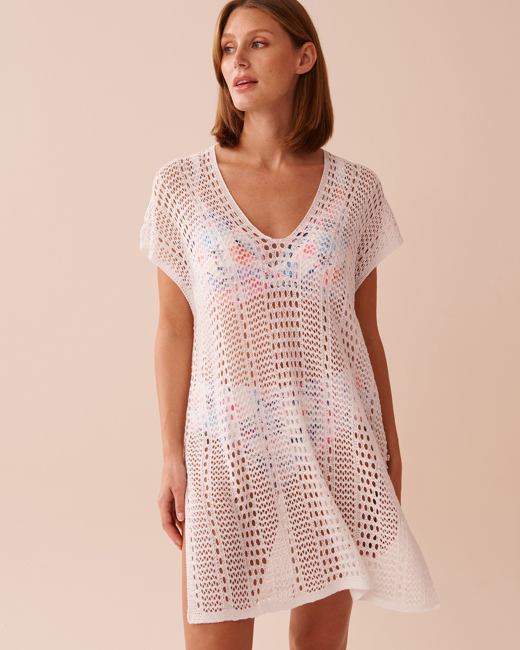 LA VIE EN ROSE AQUA Short Sleeve Crochet Tunic White 80400061 - View1